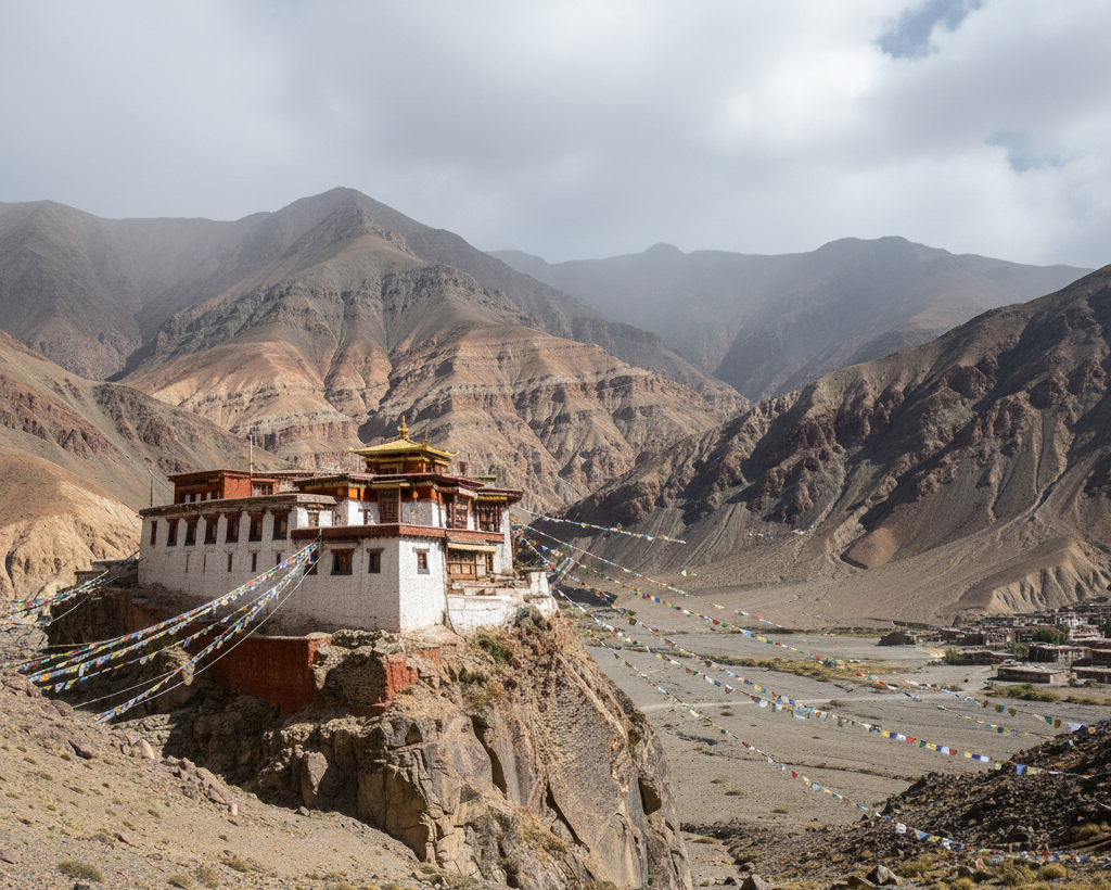 Monastère bouddhiste tibétain ancien perché sur une falaise dans la vallée du Spiti