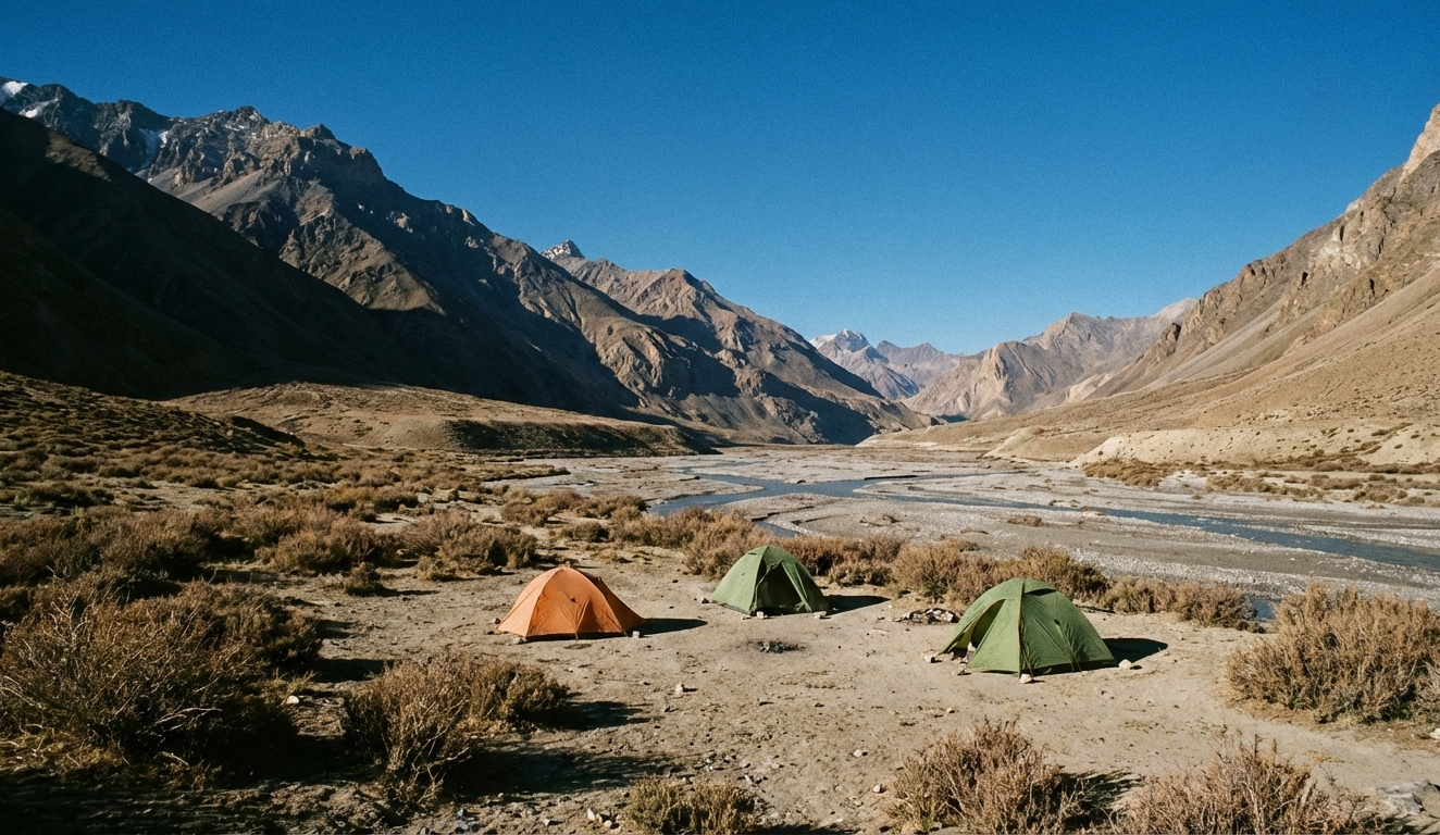 Remote Himalayan valley in Spiti region, wide open landscape with sparse vegetation
