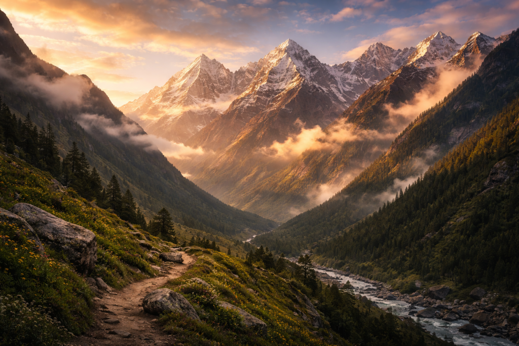 Paysage spectaculaire de l’Himalaya en Inde avec des sommets enneigés, une vallée verte traversée par un sentier de trekking et une lumière dorée du coucher de soleil illuminant les montagnes.