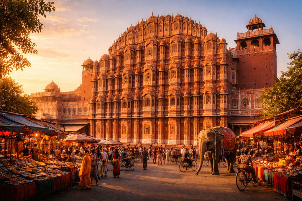Hawa Mahal à Jaipur au Rajasthan illuminé par la lumière chaude du coucher de soleil, palais en grès rose entouré d’un marché traditionnel indien animé et coloré.