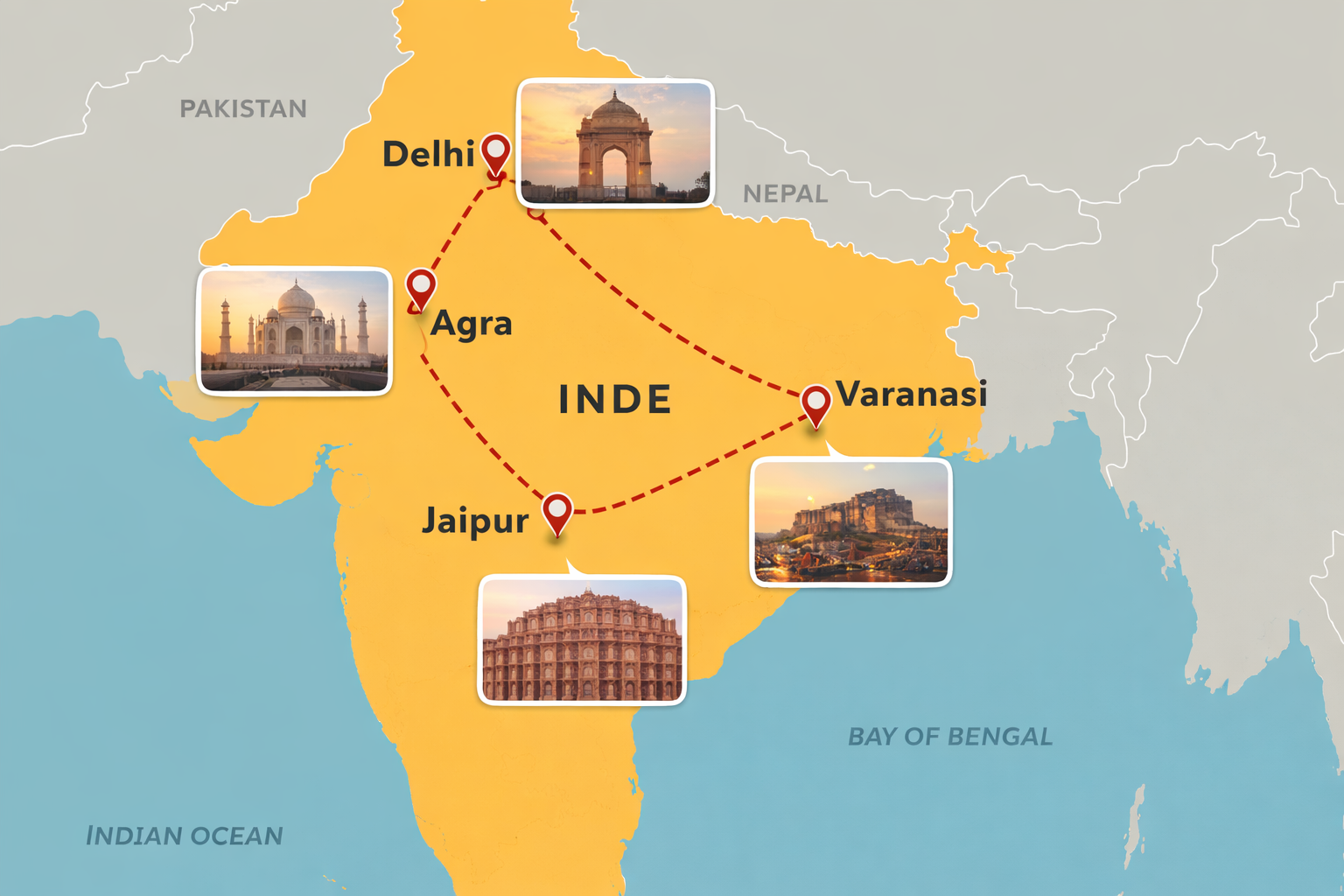 Carte des circuits touristiques en Inde — 
          Delhi, Agra, Jaipur et Varanasi