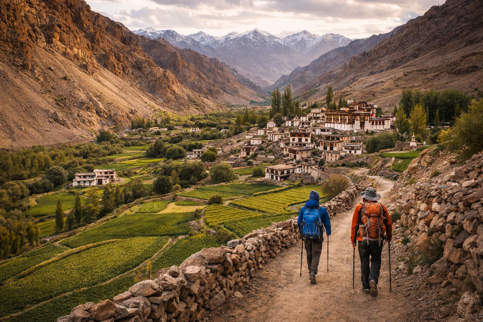 randonneurs marchant dans la Sham Valley au Ladakh entre villages traditionnels et paysages himalayens