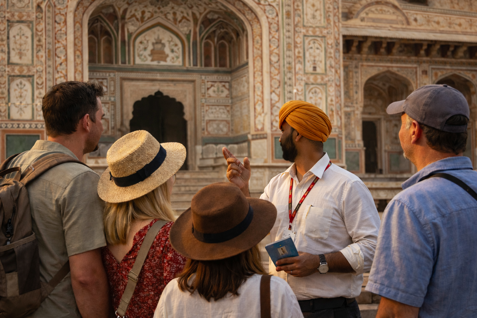 Guide local expliquant un monument 
à un petit groupe en circuit touristique en Inde