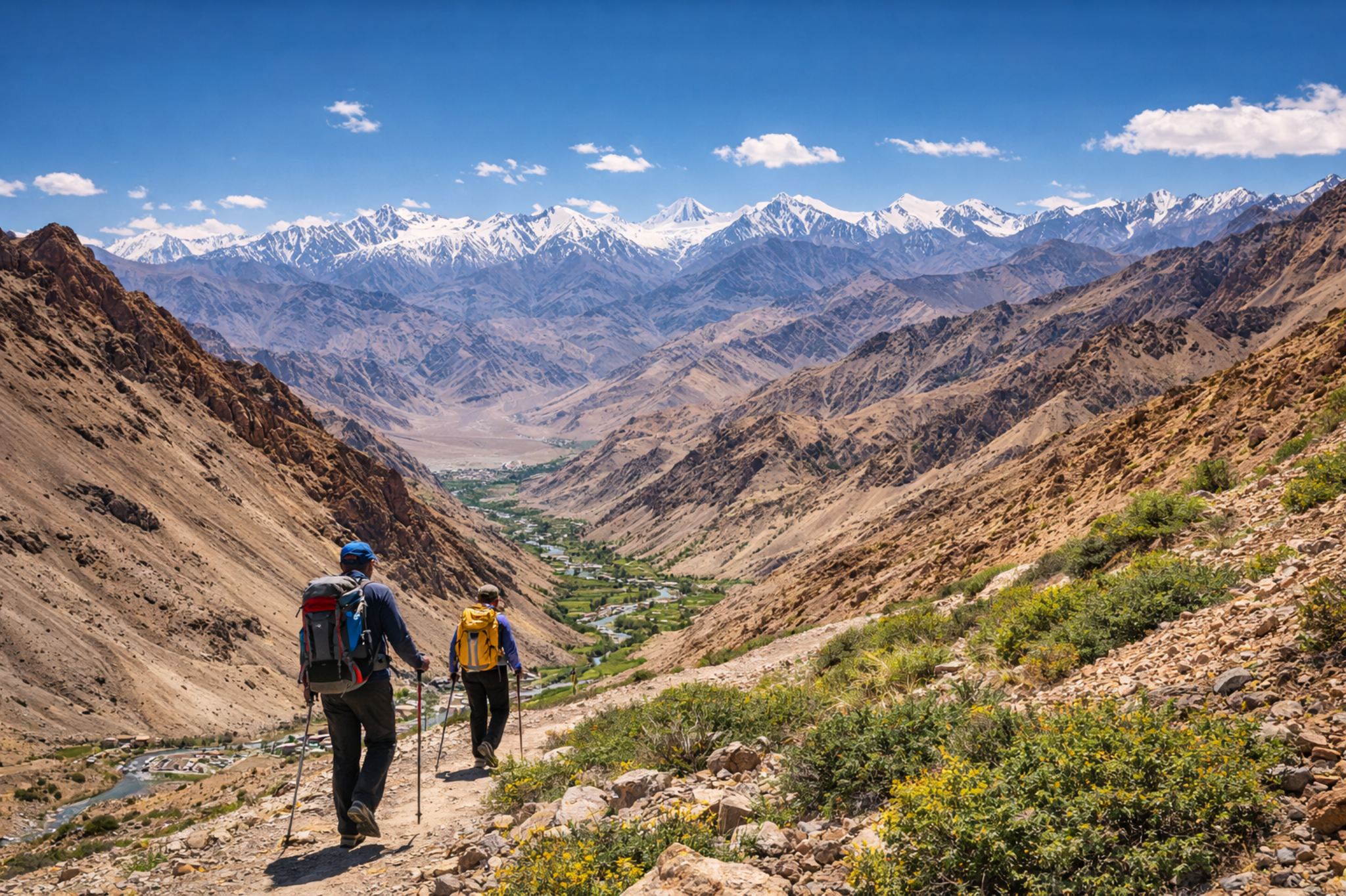 randonnée dans une vallée du Ladakh avec vue sur l’Himalaya
