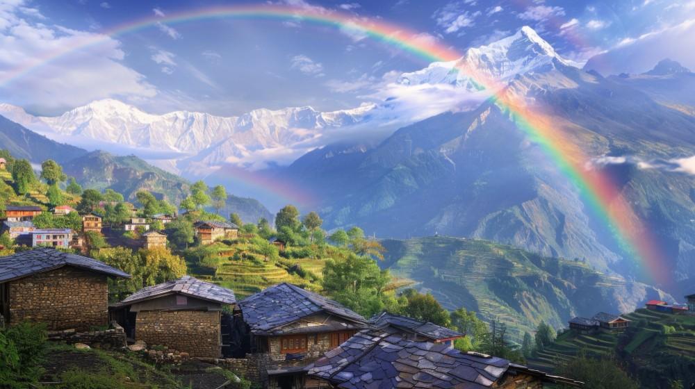 Village pittoresque de l’Himalaya en Uttarakhand avec maisons traditionnelles, terrasses verdoyantes et arc-en-ciel au-dessus des montagnes enneigées